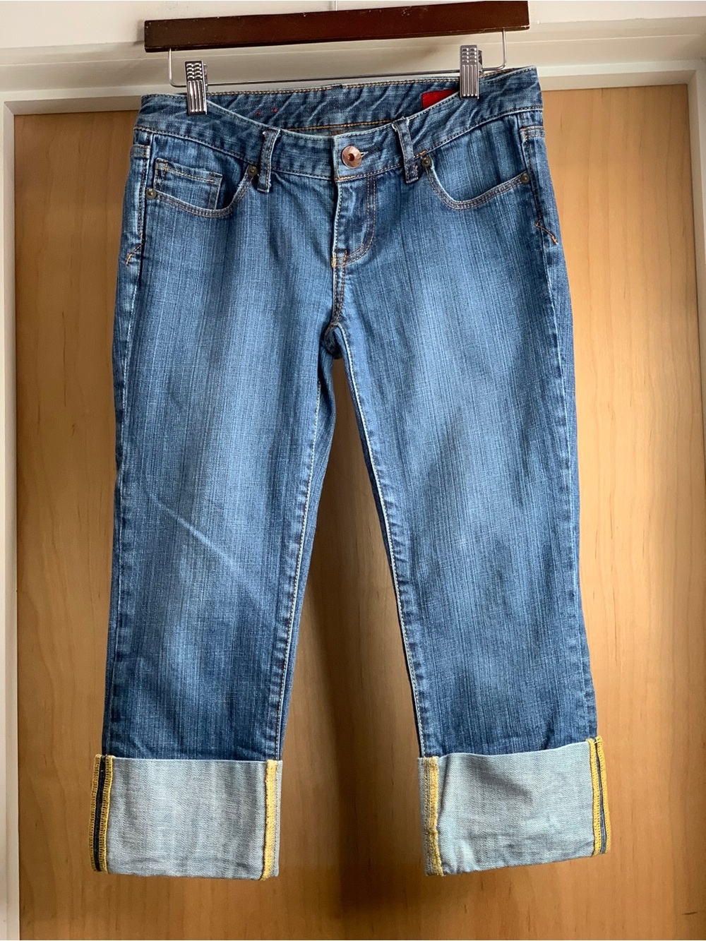 X2 Blue Cuffed Cropped Jeans with Yellow Stitching Accent Size-2 Mall Girl